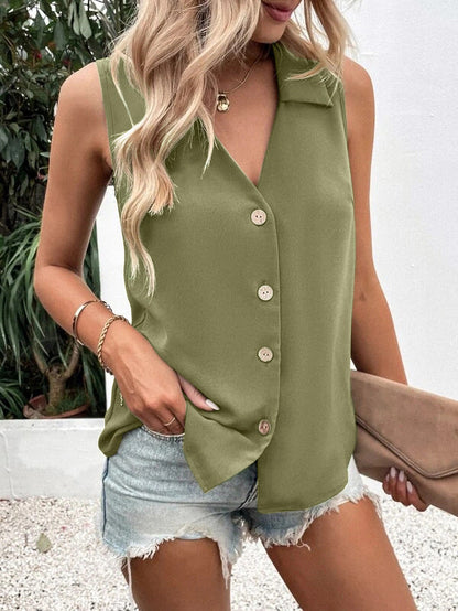 Women's Solid-Color Sleeveless Loose Vest Top – Button Detail FitiqueFit