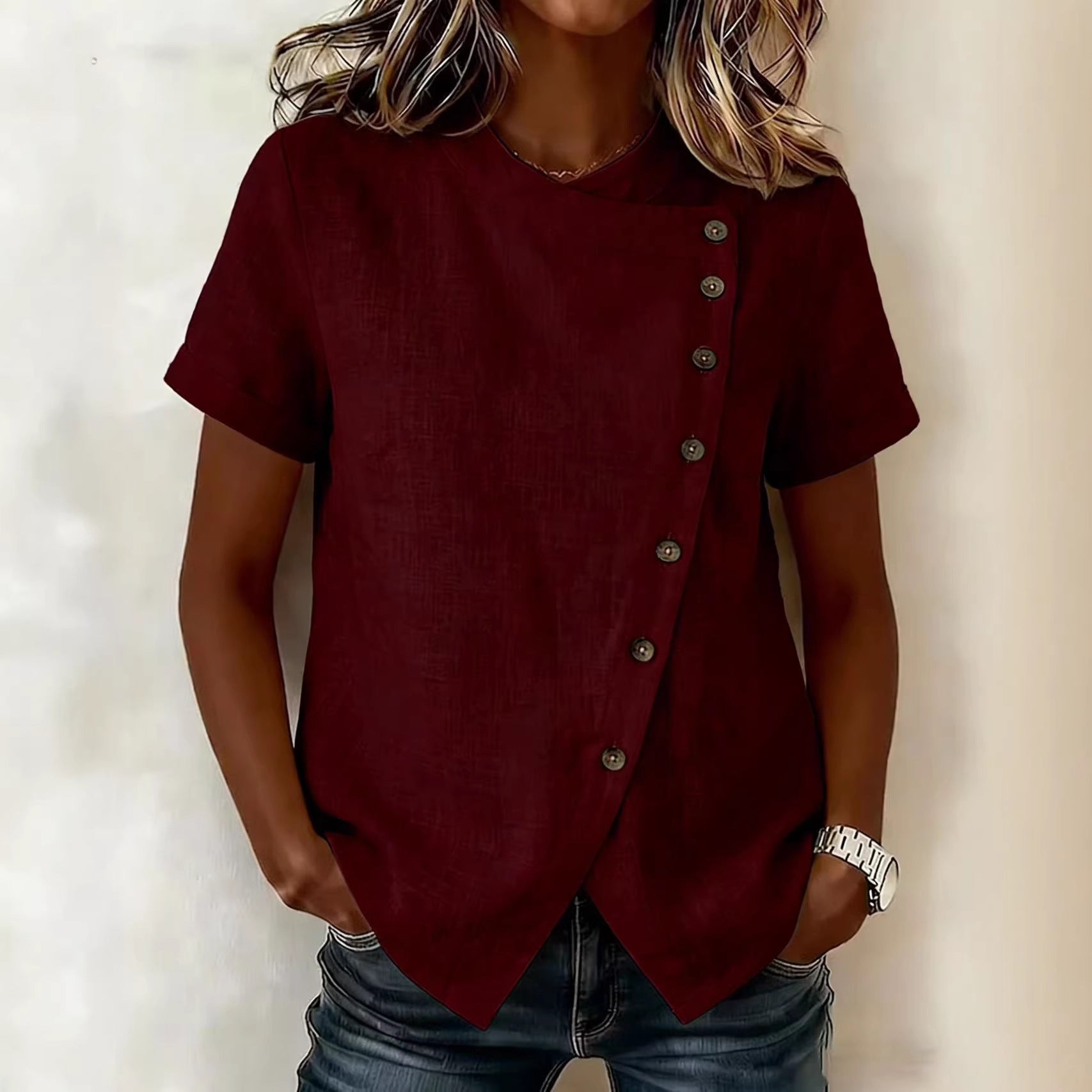 Women's Cross-Neckline Asymmetrical Hem Cotton Linen Top – Loose Fit FitiqueFit