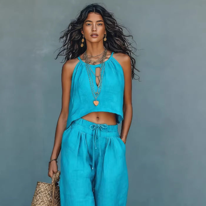 Women's Sleeveless Tank Top & Wide-Leg Pants Set – Linen Blend Summer Two-Piece FitiqueFit