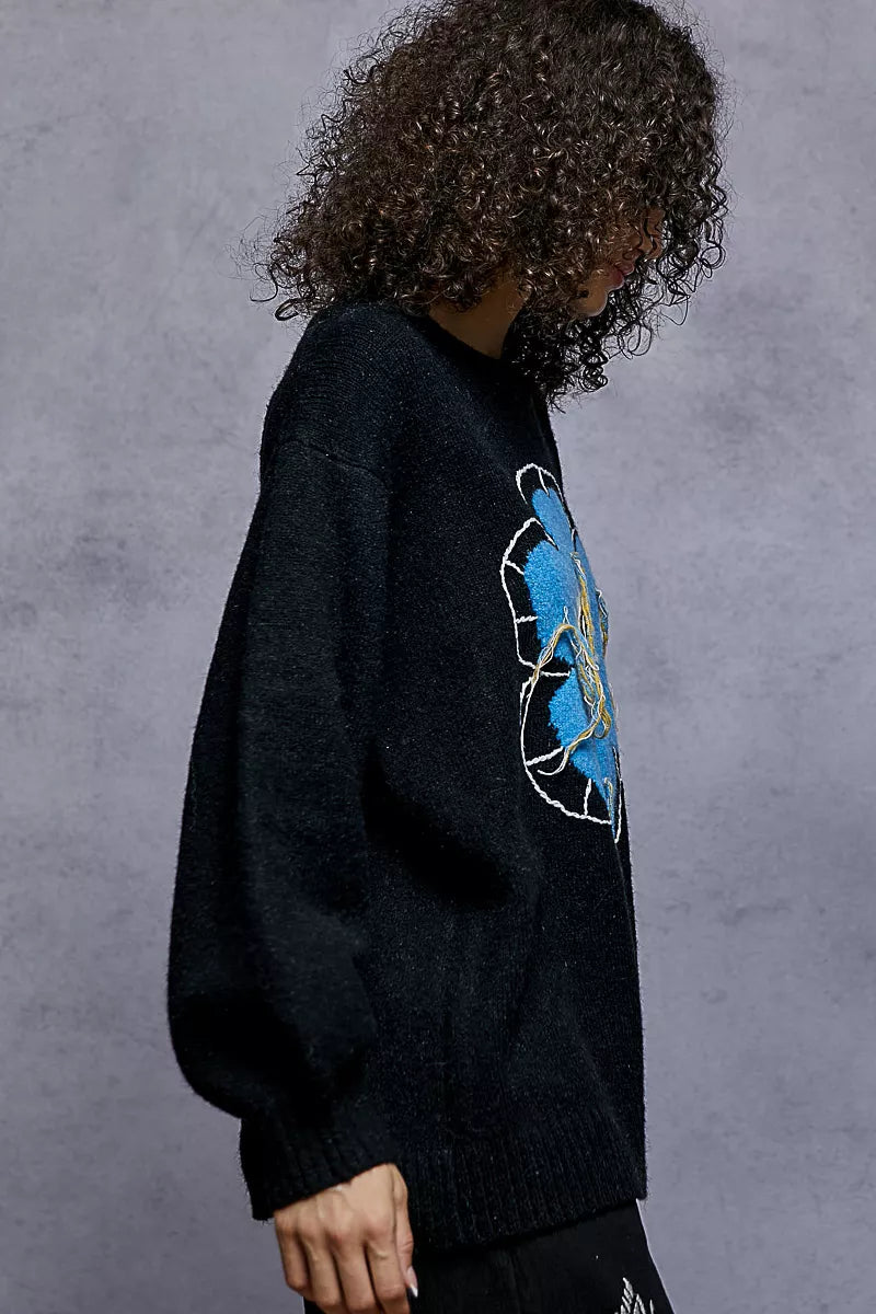 POL Floral Pattern Round Neck Sweater with Exposed Stitching FitiqueFit