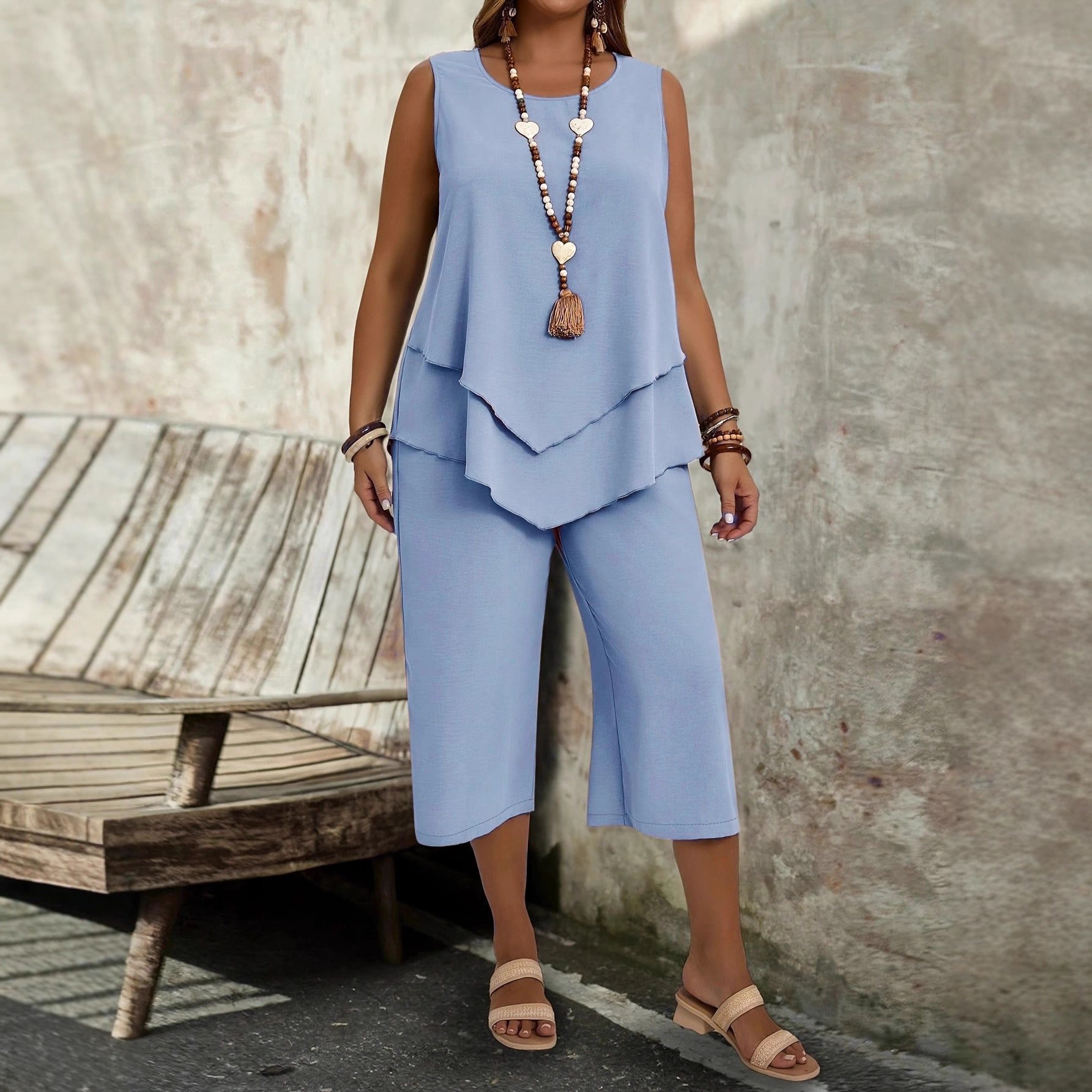 Casual Solid-Colored Sleeveless Top And Cropped Pants Two-Piece Set FitiqueFit