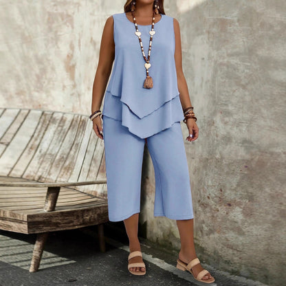 Casual Solid-Colored Sleeveless Top And Cropped Pants Two-Piece Set FitiqueFit
