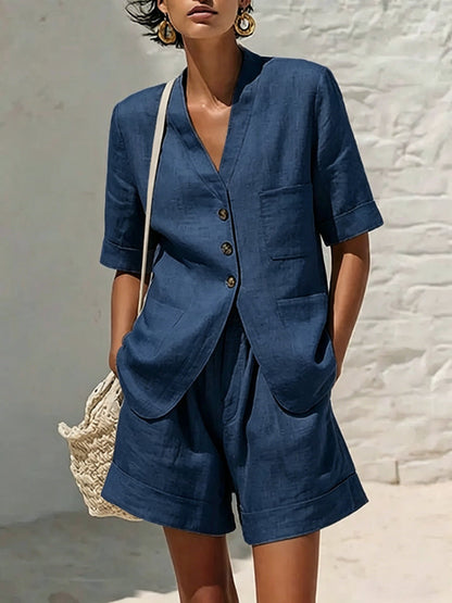 Women's Cotton-Linen Loose-Fit T-Shirt & Cropped Shorts Two-Piece Set FitiqueFit