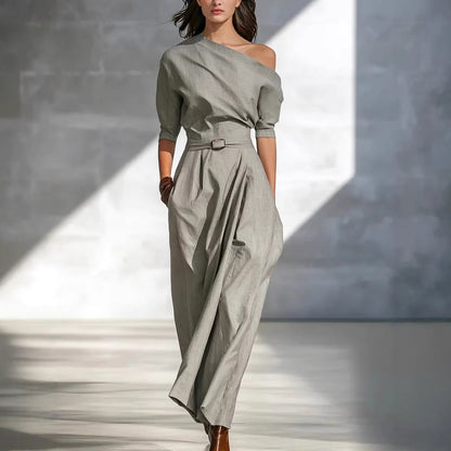 Women’s One-Shoulder Long Dress – Slanted Shoulder Waist-Defined Style FitiqueFit
