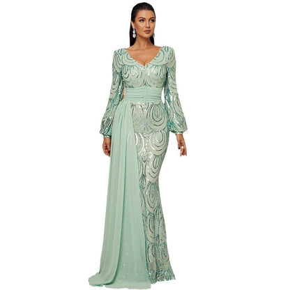 Long Sleeve Sexy Long Sequined V-neck Banquet Ribbon Evening Dress Grayceful LLC