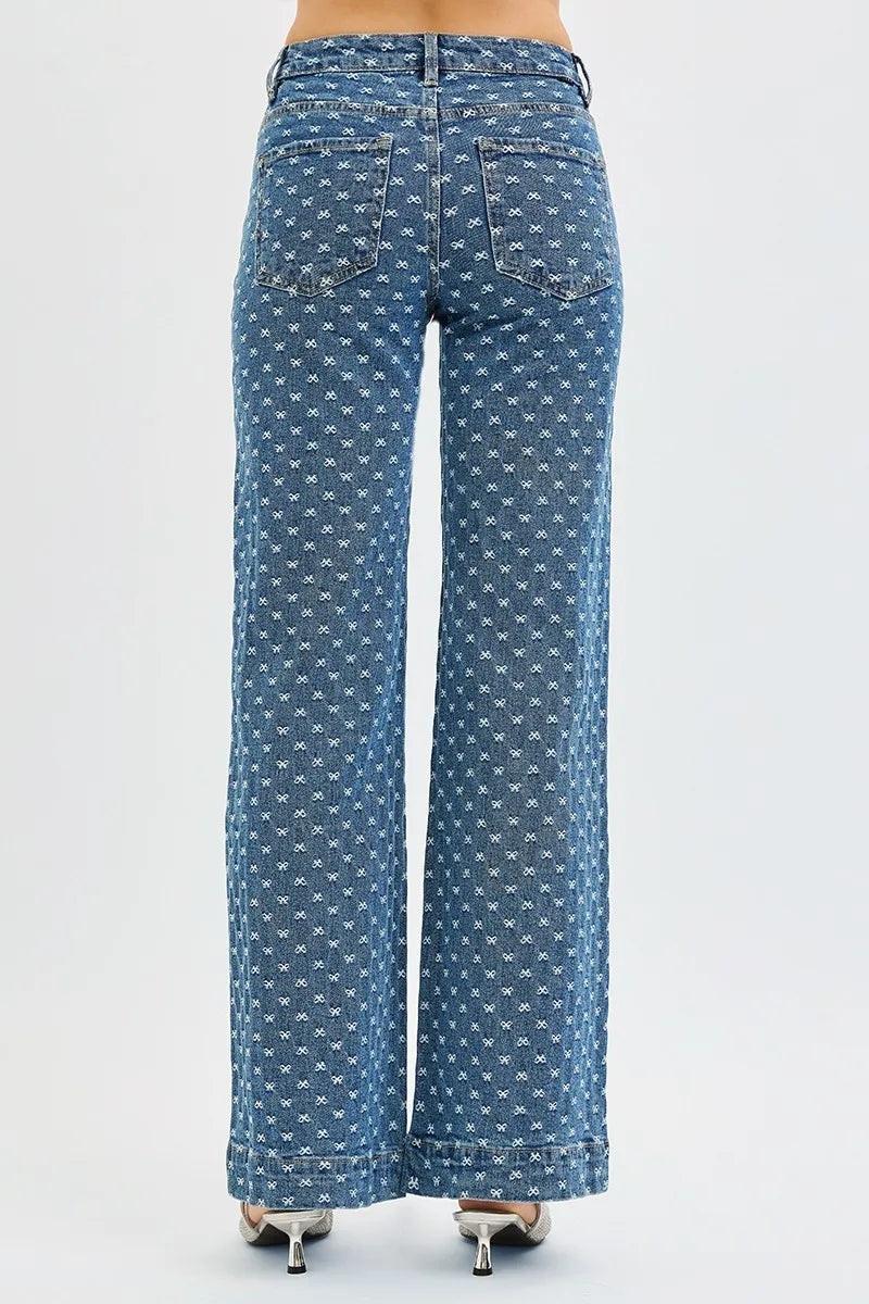 RISEN High Rise Wide Leg Bow Embroidered Jeans West2East Surf