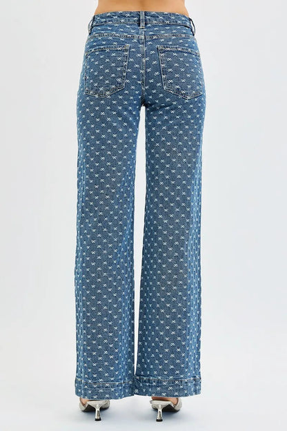 RISEN High Rise Wide Leg Bow Embroidered Jeans West2East Surf