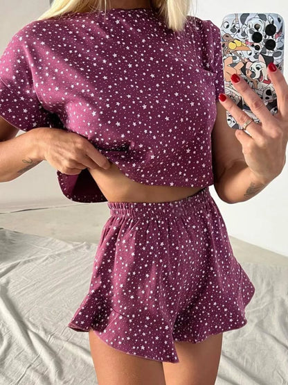 Printed Crop Top and Ruffled Shorts Lounge Set New Era Fashion LLc