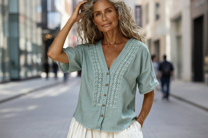 Women's Loose-Fit Faux Linen Embroidered Button-Up Top FitiqueFit