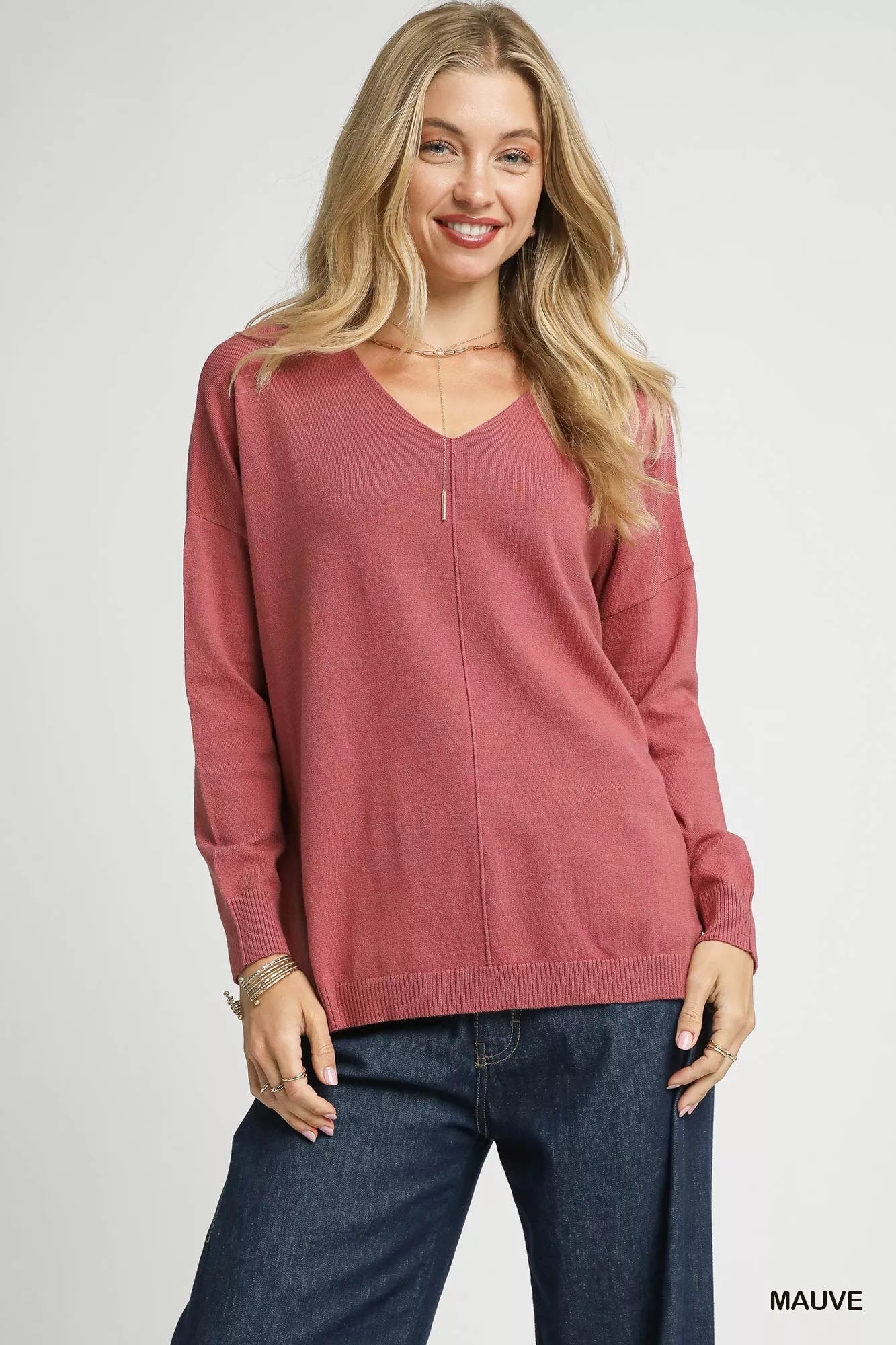 Umgee V-Neck High Low Hem Knit Top with Side Slit West2East Surf