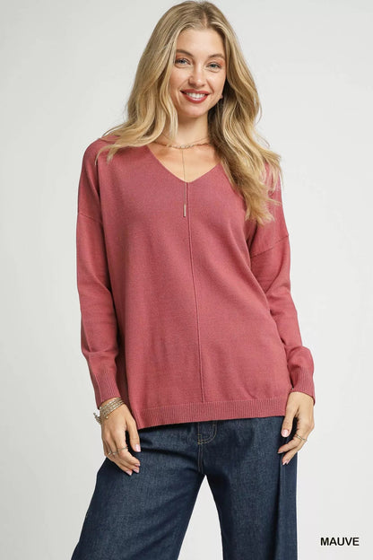Umgee V-Neck High Low Hem Knit Top with Side Slit West2East Surf