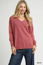 Umgee V-Neck High Low Hem Knit Top with Side Slit West2East Surf