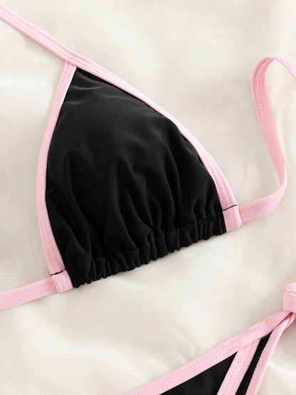 Contrast Trim Tie Side 2 Piece Bikini Swimsuit, Triangle Halter Tie Back Neck Stretchy Beachwear, Cute & Sexy, Women's Swimwear & Clothing NovaCart