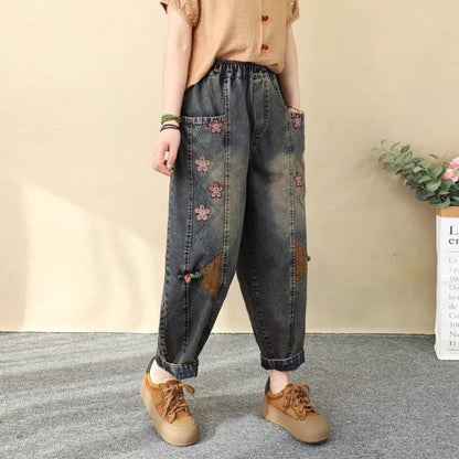 Patchwork Embroidered Cropped Harem Pants – Women's Wide Leg High Waist Denim FitiqueFit