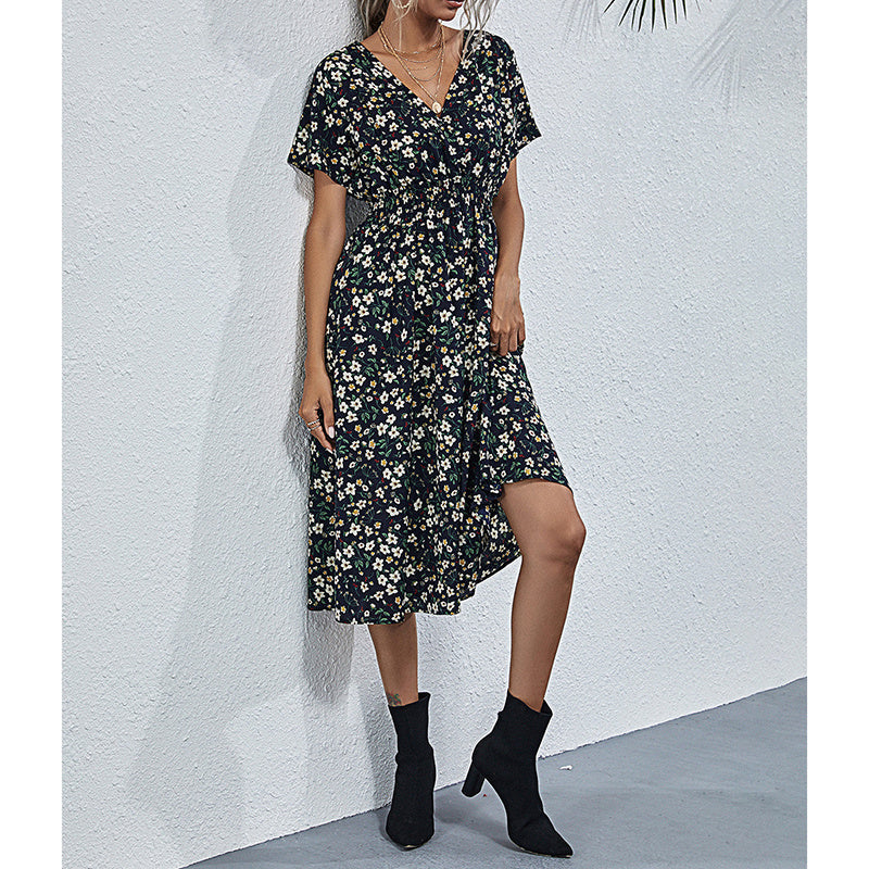Boho V Neck Floral Print Short Sleeve Mini Dress Cute Smocked Waist Short Dress Grayceful LLC