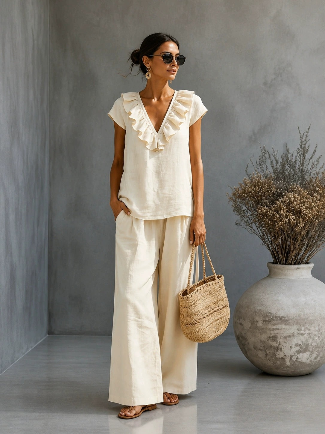 Women's V-Neck Ruffled Hem Top & Wide-Leg Pants Two-Piece Set FitiqueFit