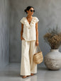 Women's V-Neck Ruffled Hem Top & Wide-Leg Pants Two-Piece Set FitiqueFit