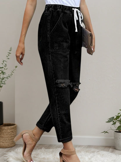 Women’s Distressed Stretch Jeans – Casual Elastic Waist Denim Joggers FitiqueFit