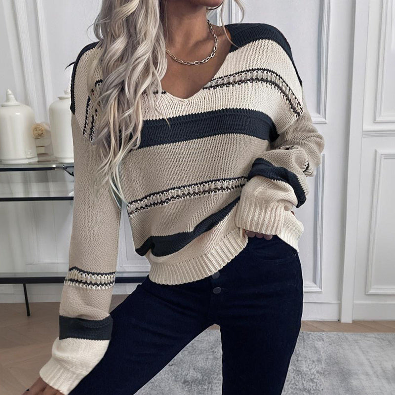 Women's French Vintage Striped Sweater | V-Neck Long Sleeve Stretch Knit FitiqueFit