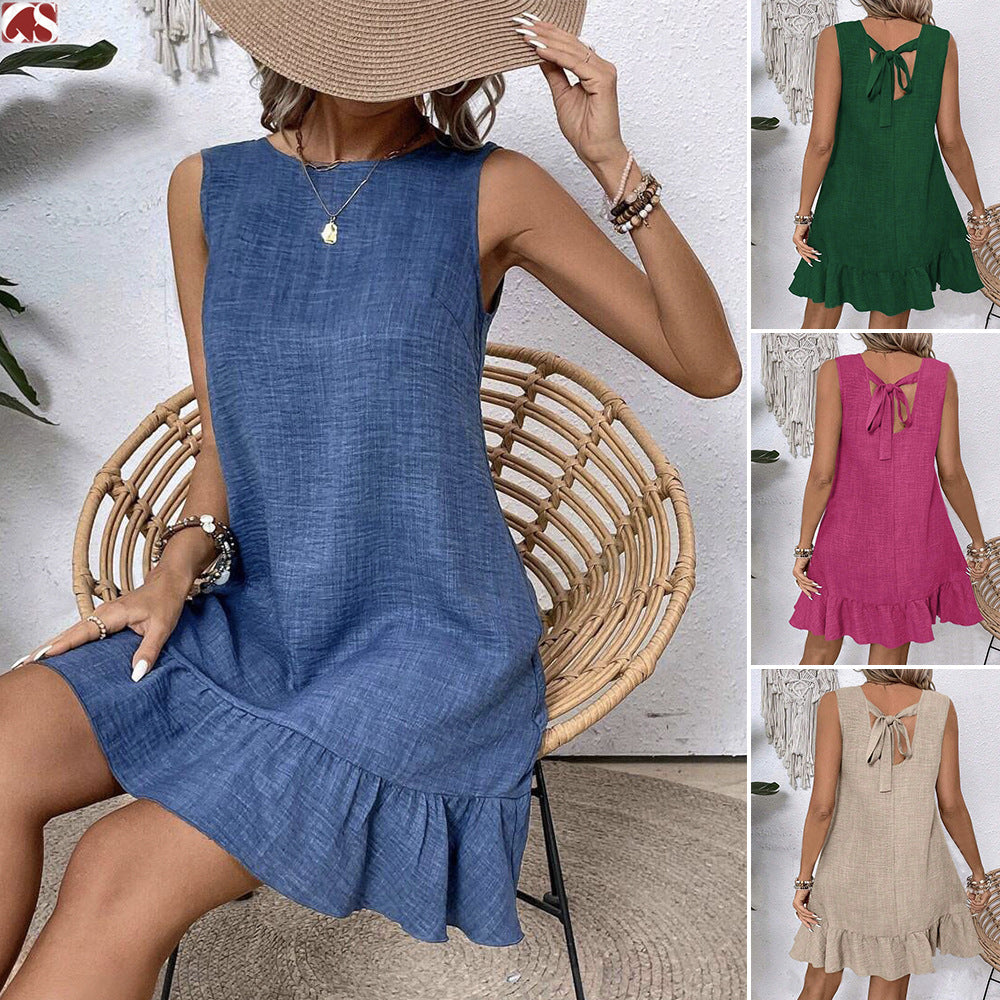 Women's Ruffle Lace-Up Mini Dress – Short Sleeve Loose Beach Dress FitiqueFit