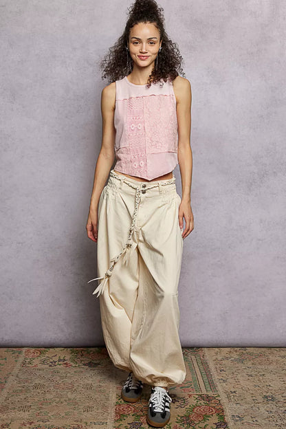 POL Ribbed Round Neck Cropped Tank with Lace Detail Montret