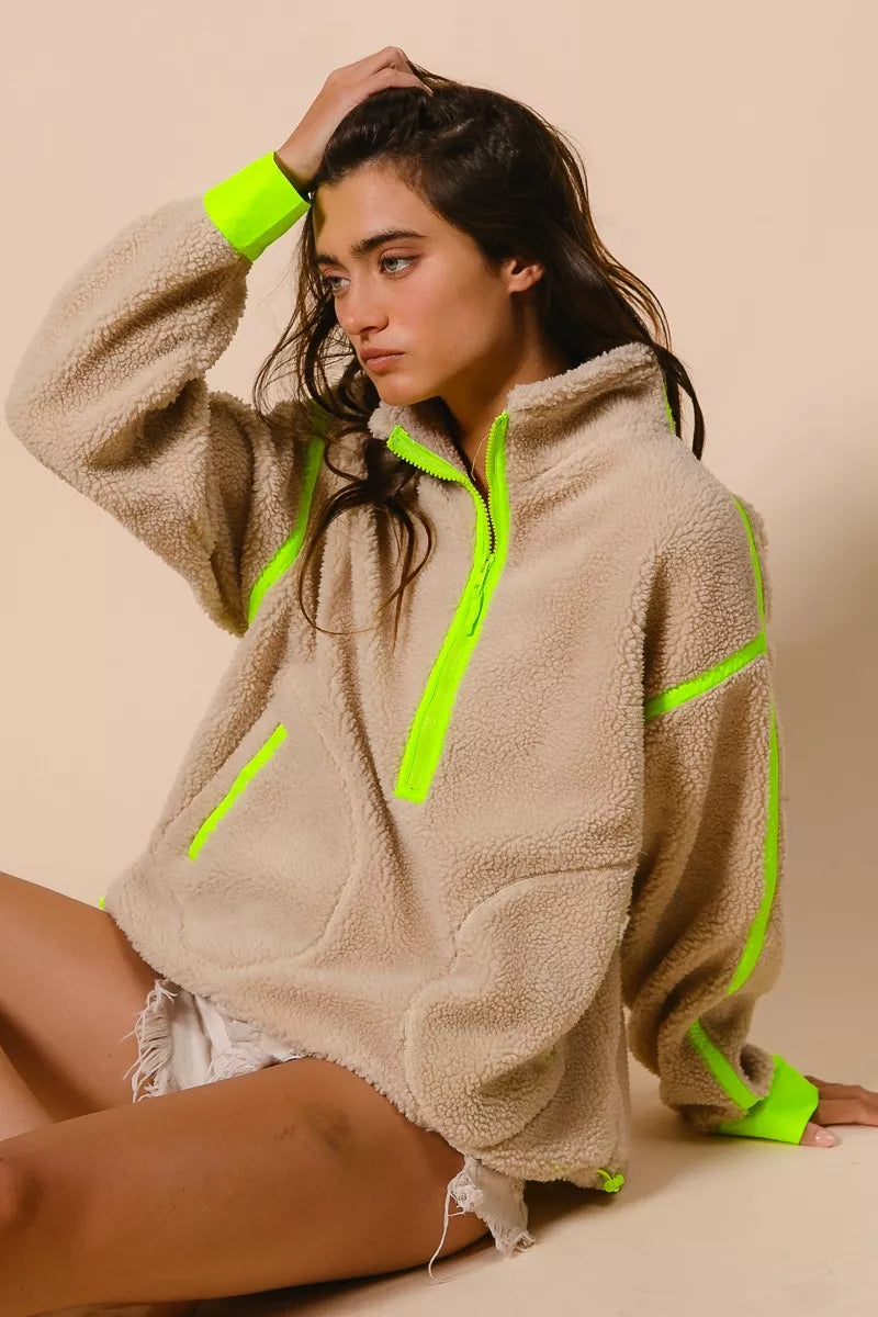 BiBi Contrast Edge Half Zip Up Sherpa Jacket FitiqueFit