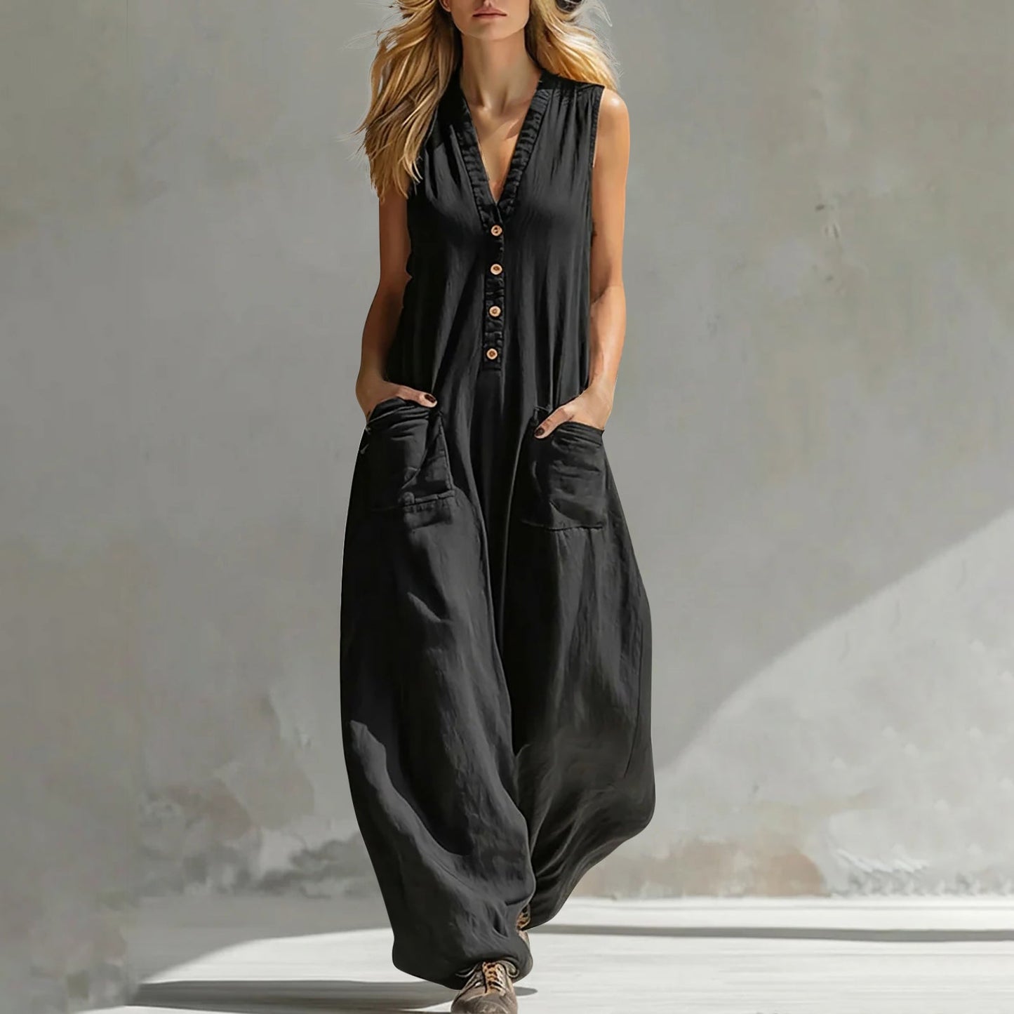 Women's Sleeveless Wide-Leg Jumpsuit with Pockets FitiqueFit
