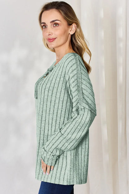 Basic Bae Full Size Ribbed Half Button Long Sleeve T-Shirt New Era Fashion LLc