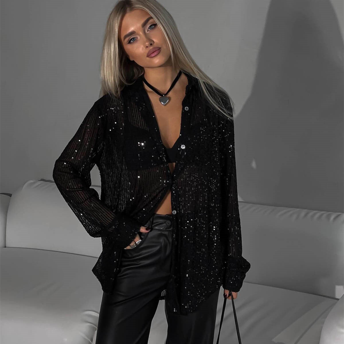 Sequin Lapel Long Sleeve Shirt See size chart under “more details” The Fashion Celestial