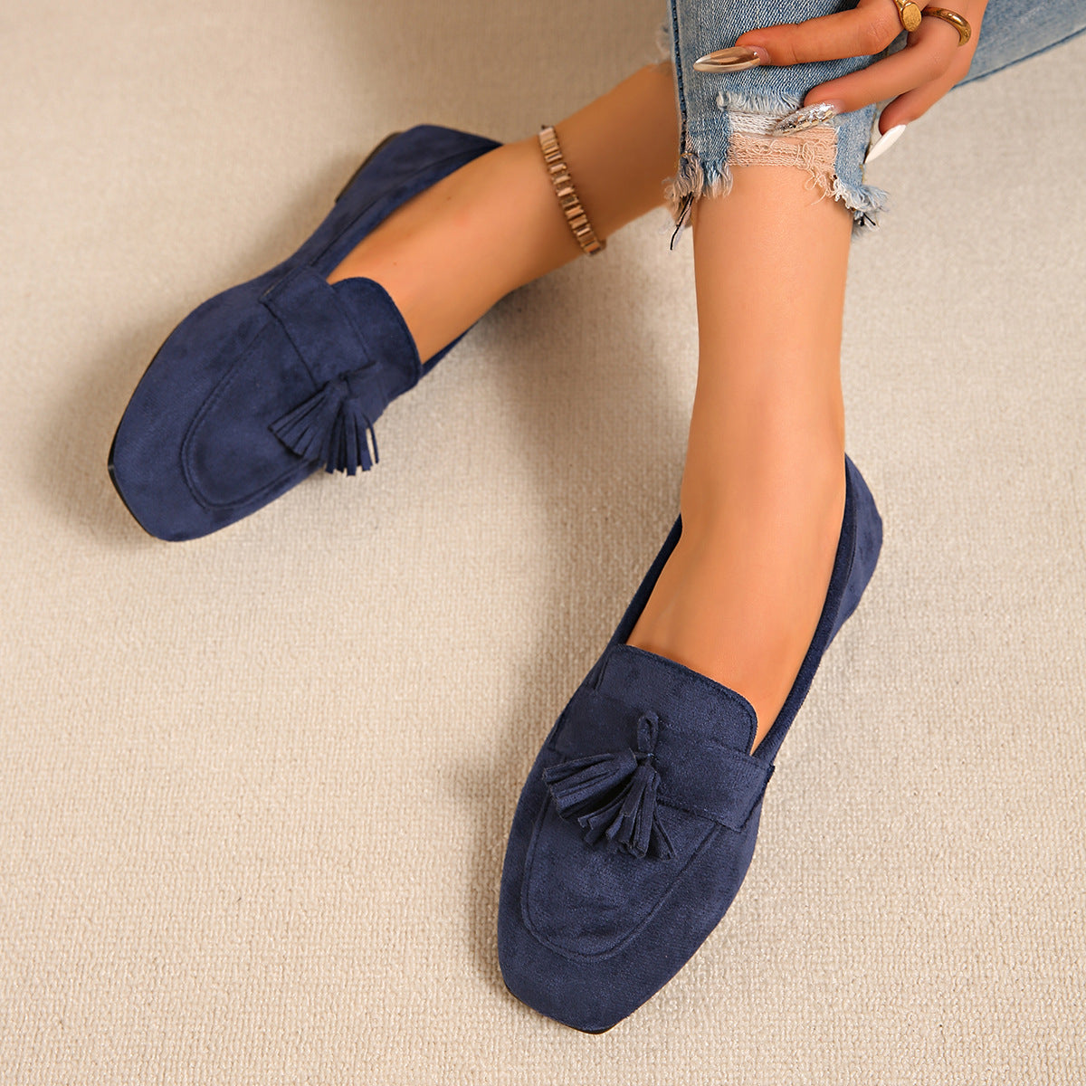 Women's Square Toe Tassel Slip-On Loafers | Suede Flat Casual Shoes FitiqueFit