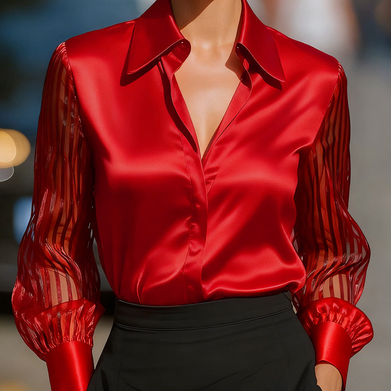Women’s Satin Lapel Collar Blouse – Sheer Long Sleeve Button-Down Shirt for Office & Spring/Autumn Wear FitiqueFit