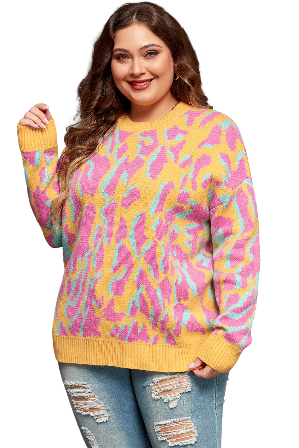 Bright Pink Plus Size Leopard Ribbed Trim Sweater Garden Naked Curves