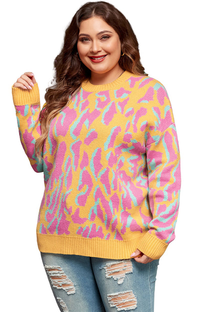 Bright Pink Plus Size Leopard Ribbed Trim Sweater Garden Naked Curves