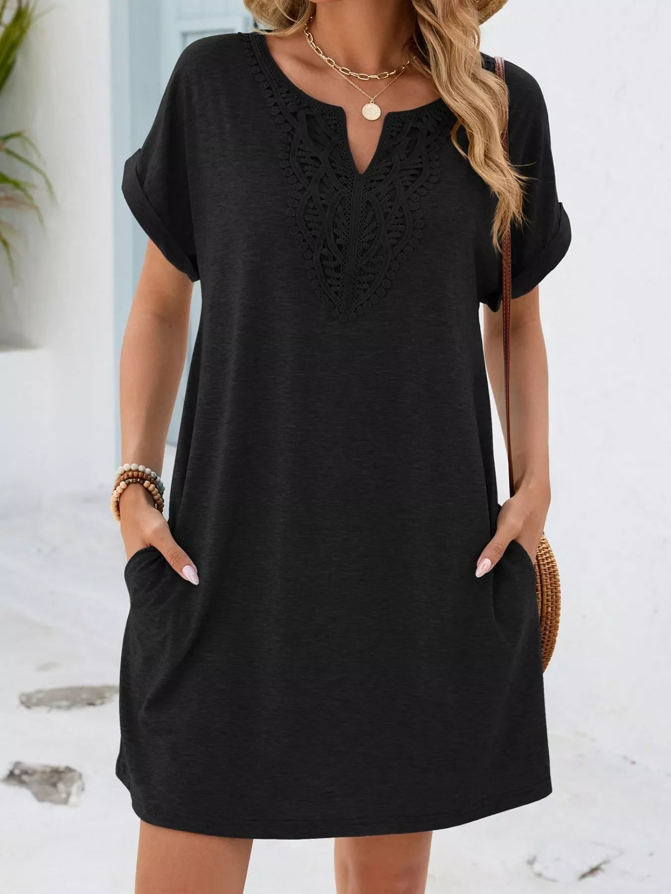 Lace Trim Notched Short Sleeve Dress New Era Fashion LLc