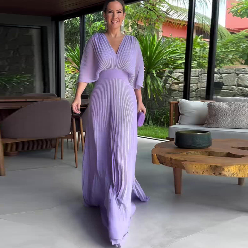 Women's Solid Color And V-neck Bat Sleeve High Waist Dress See size chart under “more details” The Fashion Celestial
