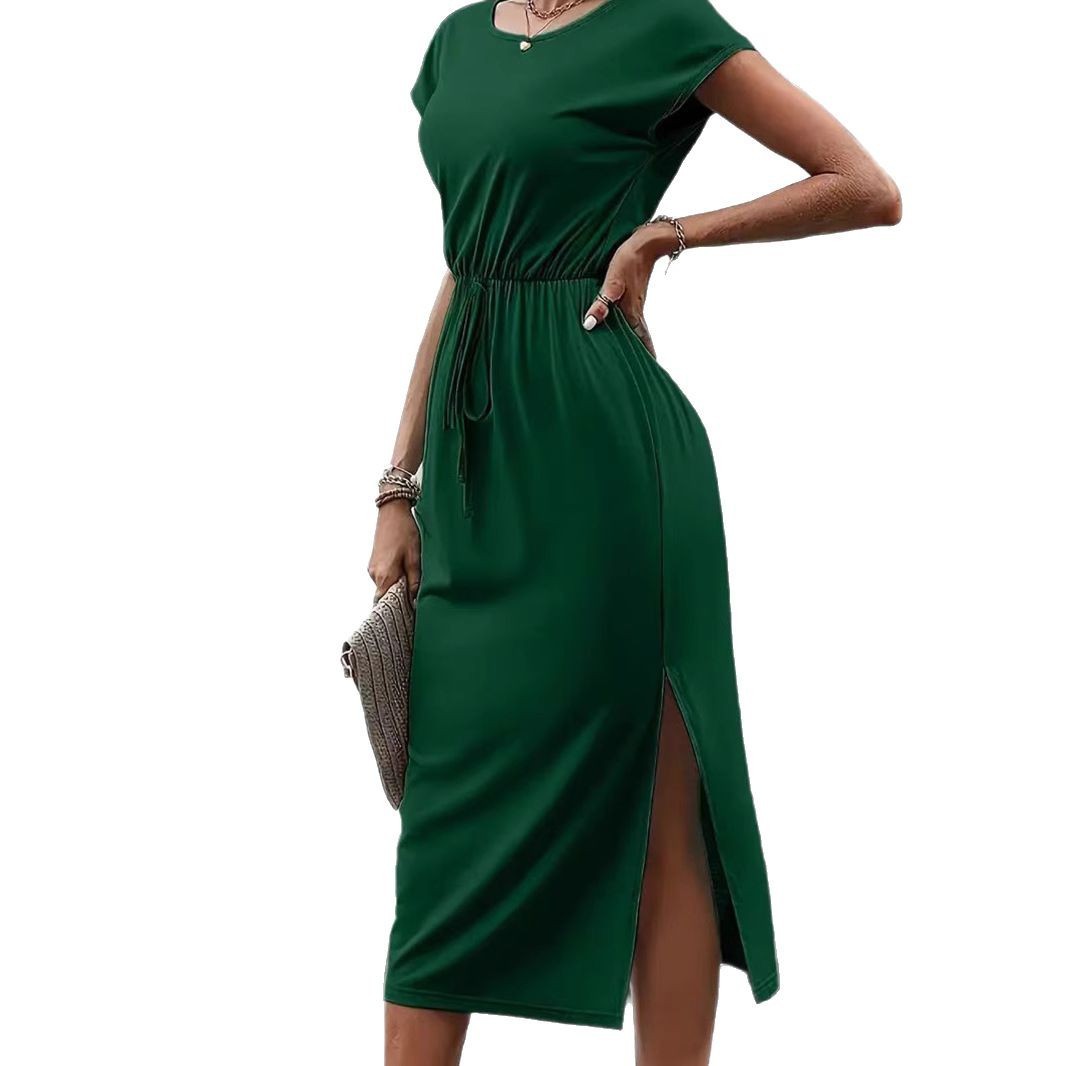 Casual Cinched Waist Slim-fit Round Neck Short Sleeve Dress Grayceful LLC