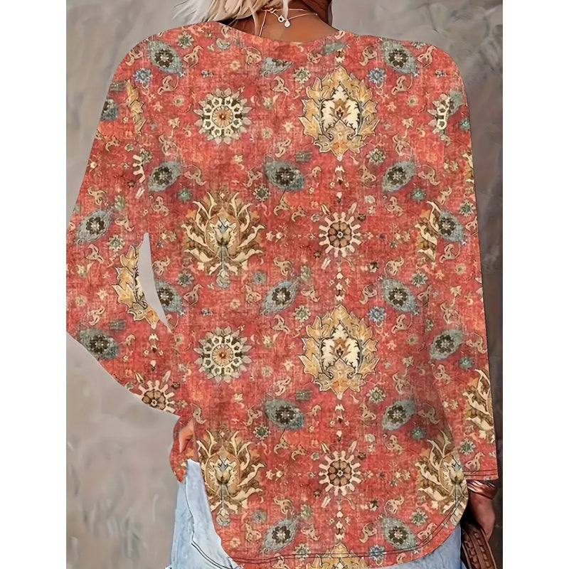 Women's Geometric Print Long Sleeve Loose Casual Tee FitiqueFit