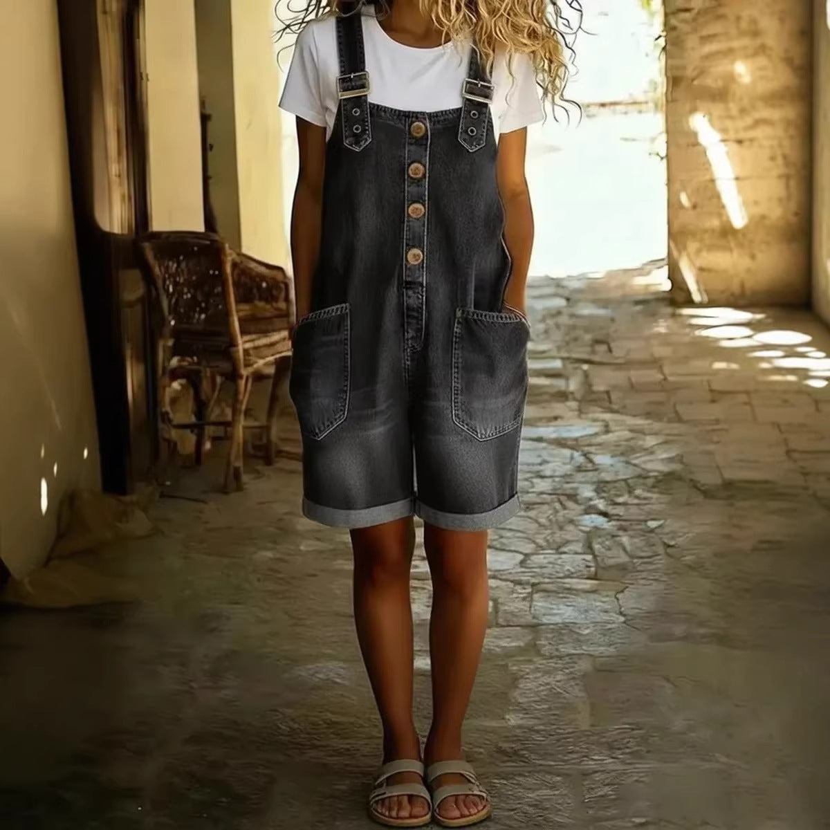 Women’s High-Waisted Sleeveless Denim Shorts Jumpsuit FitiqueFit