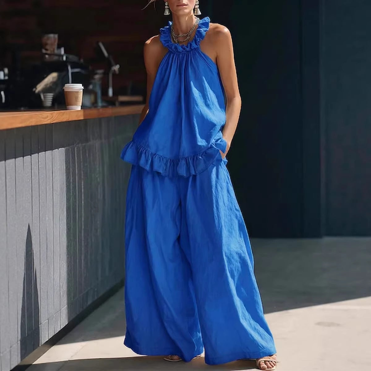 Halterneck Loose Two-Piece Set | Pleated Asymmetric Pocket Set FitiqueFit