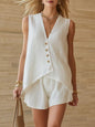 Women's Cotton-Linen V-Neck Button Sleeveless Top & Shorts Set FitiqueFit