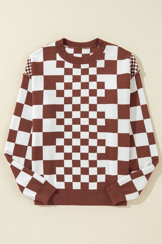 Checker Round Neck Drop Shoulder Sweater Shop Style & More | Fresh Looks, Everyday Deals & Free Shipping