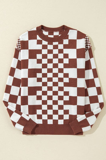 Checker Round Neck Drop Shoulder Sweater Shop Style & More | Fresh Looks, Everyday Deals & Free Shipping