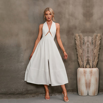 Women's Sleeveless Halter Neck Maxi Dress – A-Line High Waist FitiqueFit
