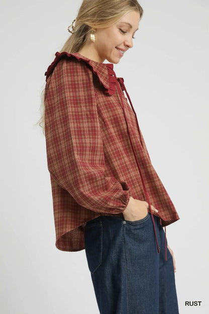 Umgee Full Size Plaid Ruffle Collar Blouse Plus Size Garden Naked Curves