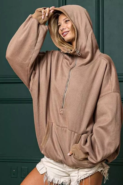 BiBi Stitch Detailed Elastic Hem Half Zip Fleece Hoodie FitiqueFit