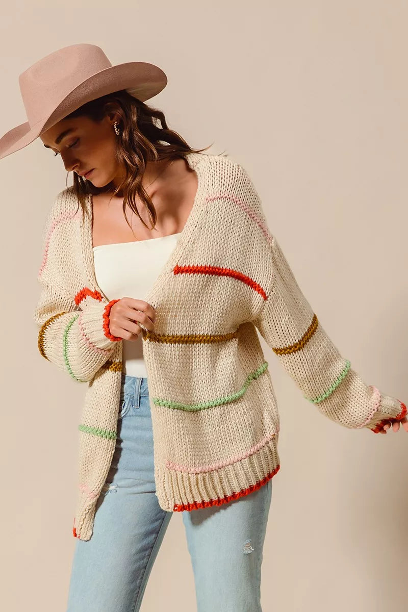 SO ME Loose Fit Multi Stripe Open Front Cardigan FitiqueFit