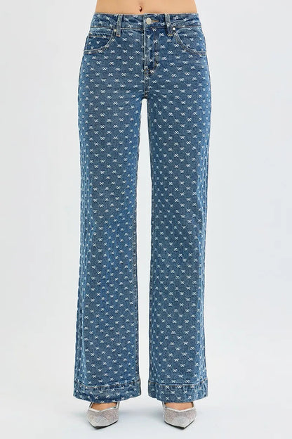RISEN High Rise Wide Leg Bow Embroidered Jeans West2East Surf