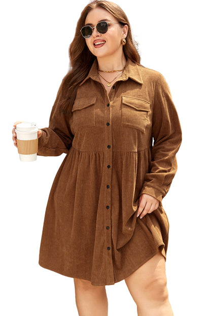 Camel Corduroy Full Buttoned Collared Shirt Style Plus Size Dress Garden Naked Curves