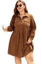 Camel Corduroy Full Buttoned Collared Shirt Style Plus Size Dress Garden Naked Curves