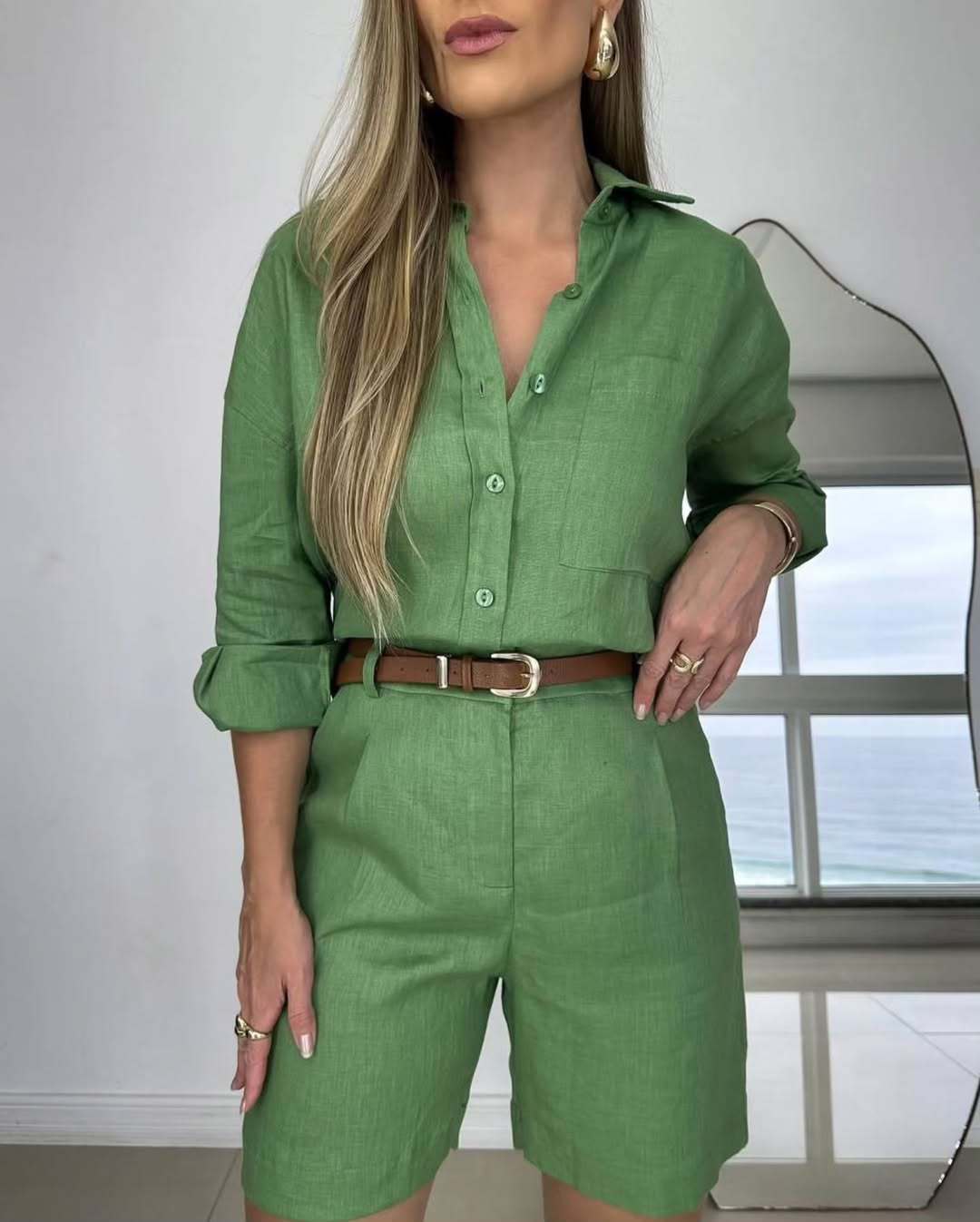 Women's Casual Long-Sleeve Shirt & Shorts Set – Cotton 2-Piece FitiqueFit